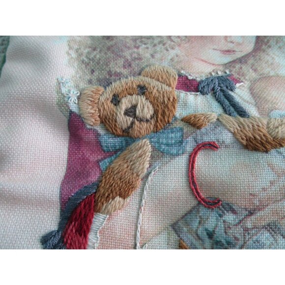 Vintage Embroidered Finished Christmas Stocking Girl Doll Teddy Bear Santa GUC - Picture 6 of 16